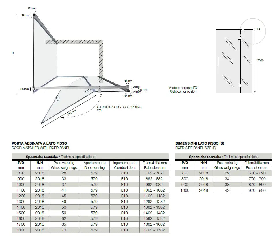 Box Doccia Battente Anticalcare 8mm Infinity - 69x128