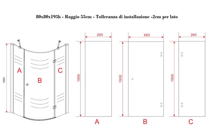 Box Doccia Semicircolare H195cm Anta Battente Cristallo 8mm - 90x90