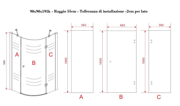 Box Doccia Semicircolare H195cm Anta Battente Cristallo 8mm - 80x80
