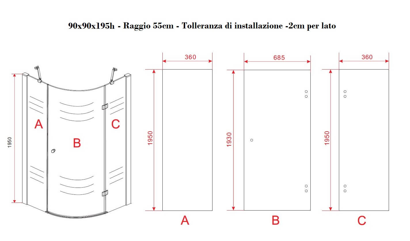 Box Doccia Semicircolare H195cm Anta Battente Cristallo 8mm - 90x90