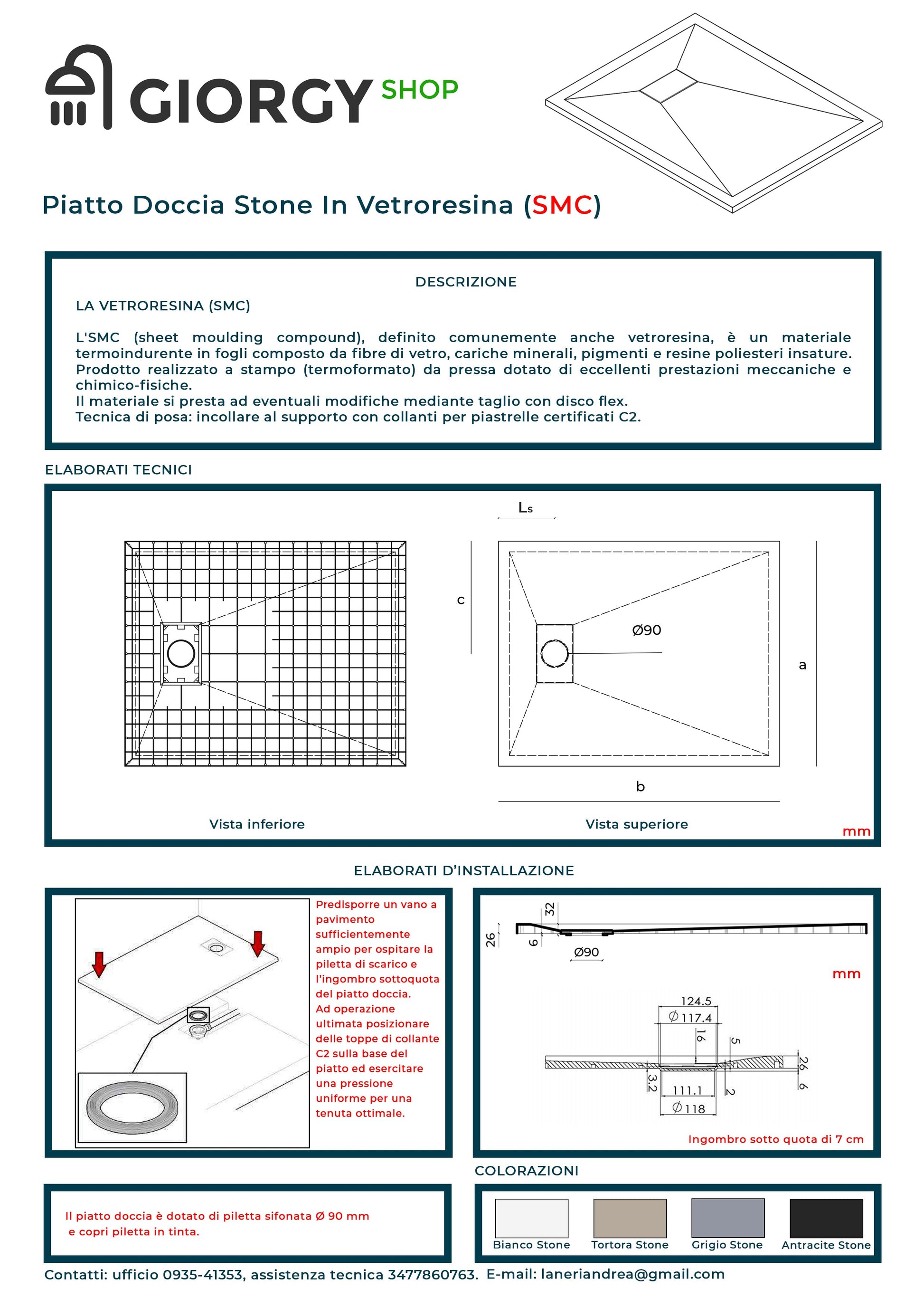 Piatto Doccia In SMC Vetroresina Effetto Pietra H 2,6 Cm Con Piletta Di Scarico Inclusa 70-110 Grigio