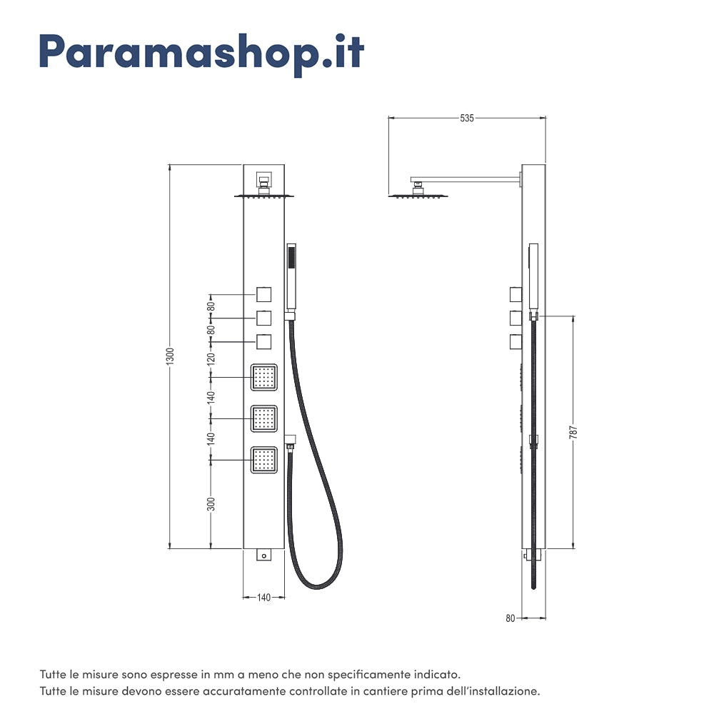 Pannello doccia termostatico in acciaio cromato con doccino, 3 funzioni | Marmore