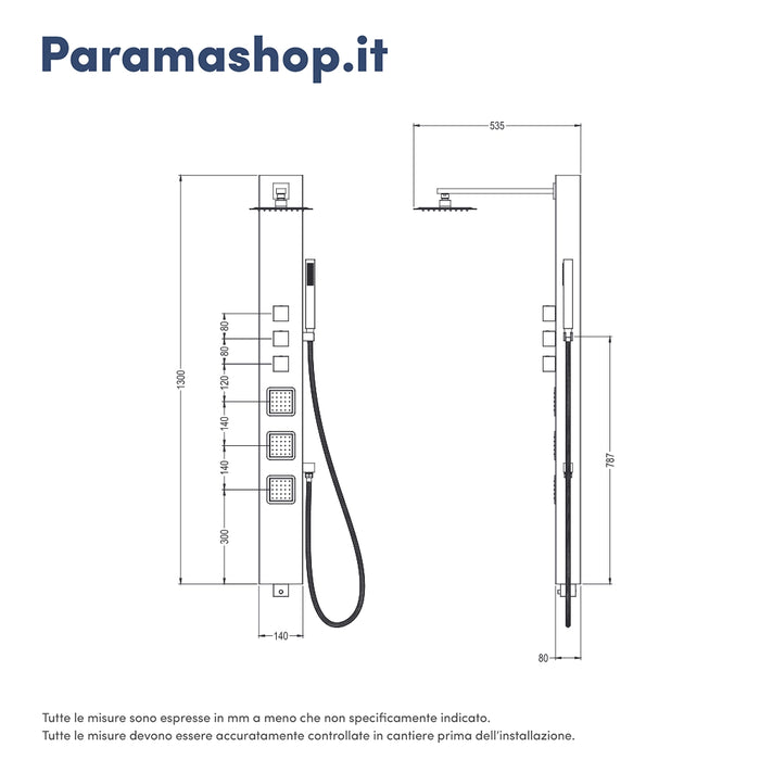 Pannello doccia termostatico in acciaio cromato con doccino, 3 funzioni | Marmore