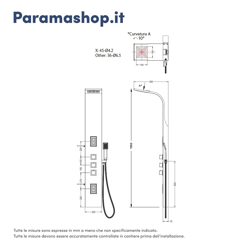 Pannello doccia termostatico in alluminio nero opaco a 3 funzioni | Niagara