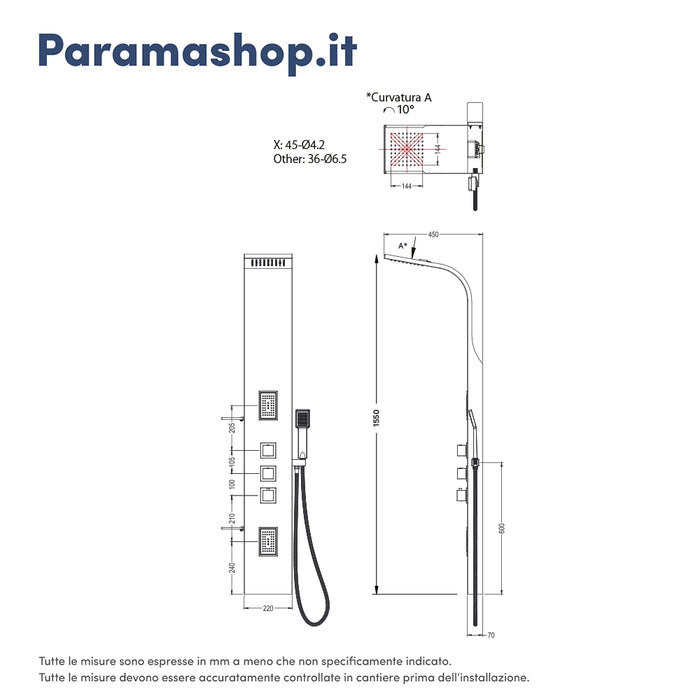 Pannello doccia termostatico in alluminio nero opaco a 3 funzioni | Niagara