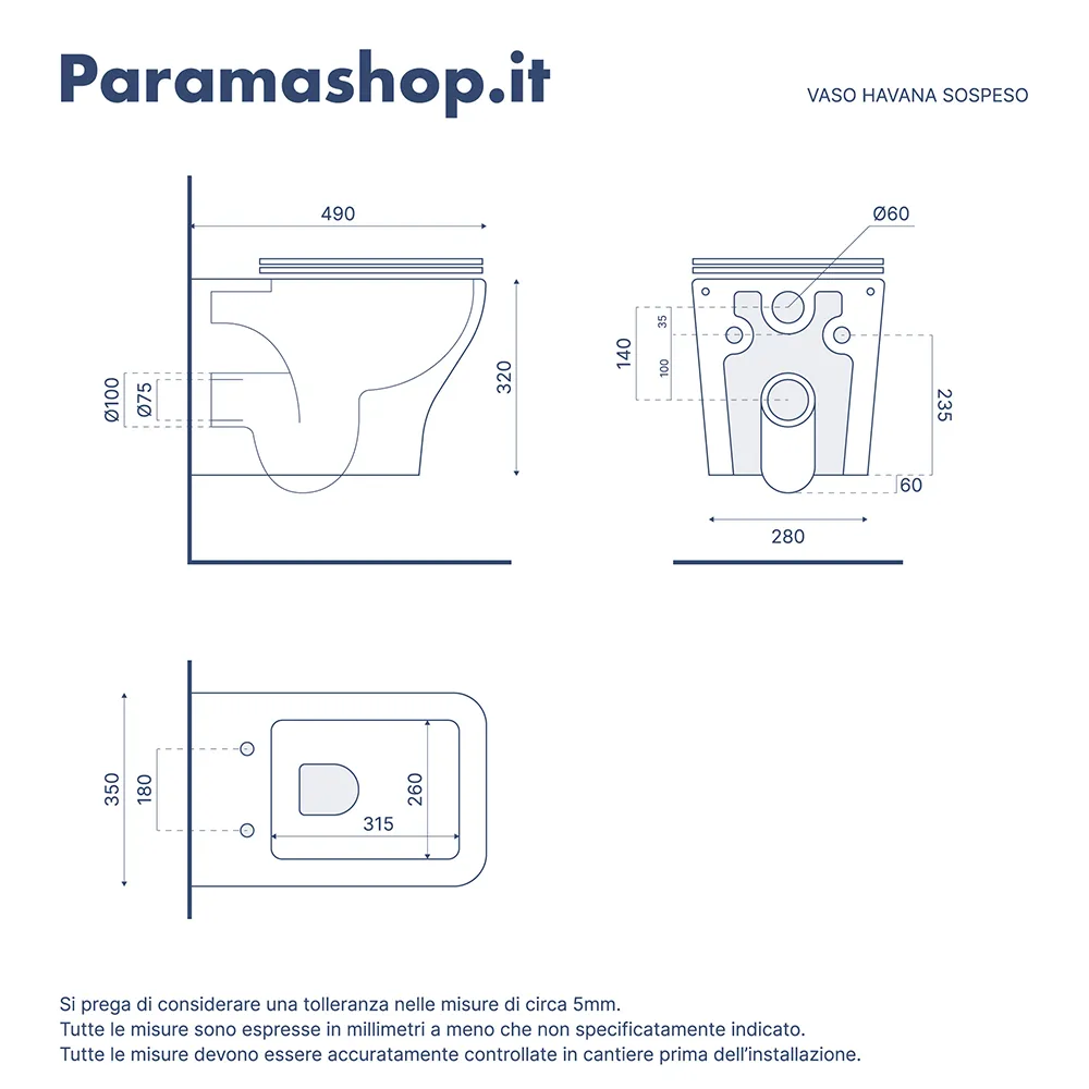 Vaso sospeso rimless in ceramica bianco lucido con sedile soft-close | Havana
