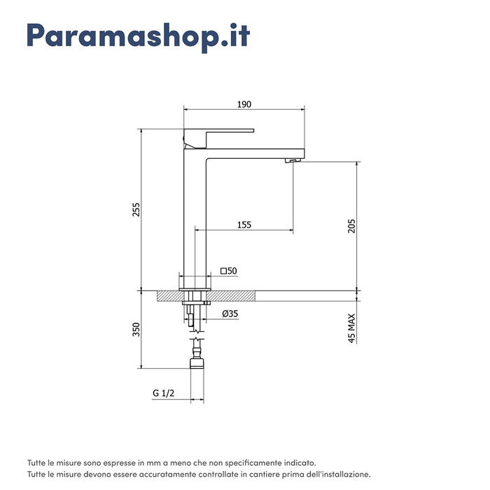 Miscelatore lavabo alto senza scarico nero opaco | Hedy