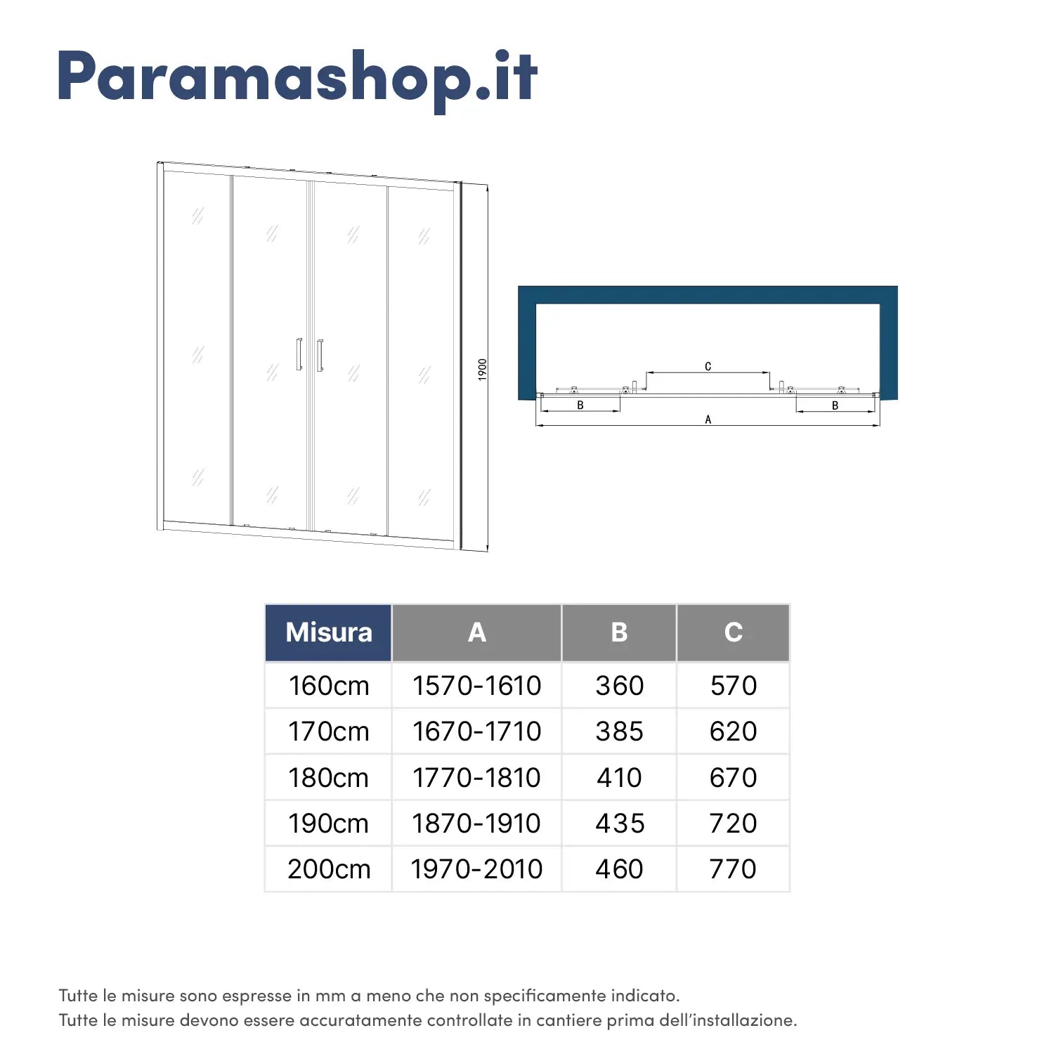 Porta doccia 190 cm due ante scorrevoli vetro 6mm trasparente | Sardinia