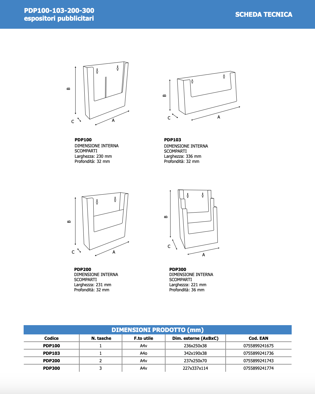 Porta depliant da parete A4 Verticale