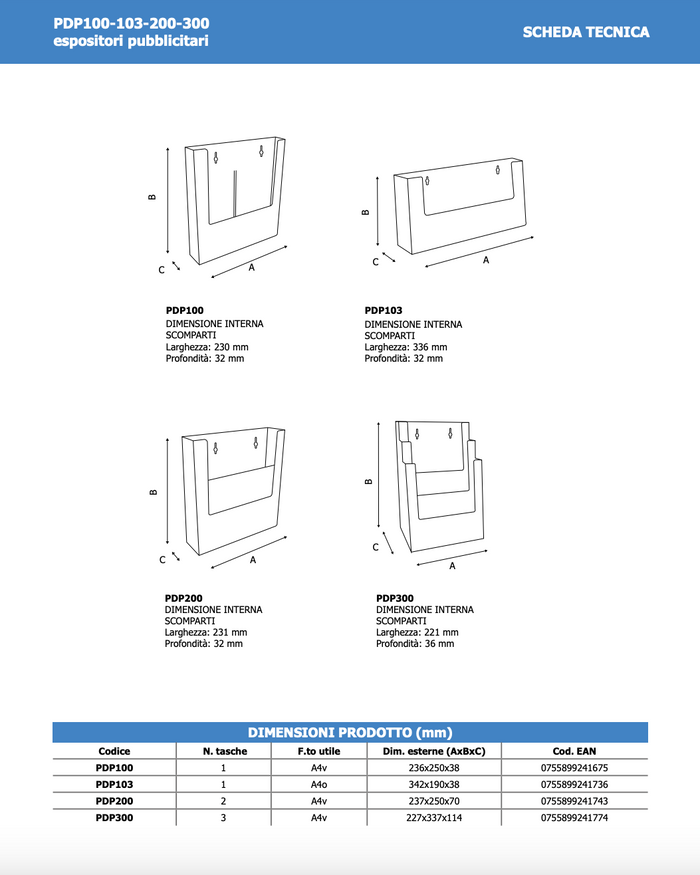 Porta depliant da parete A4 Verticale