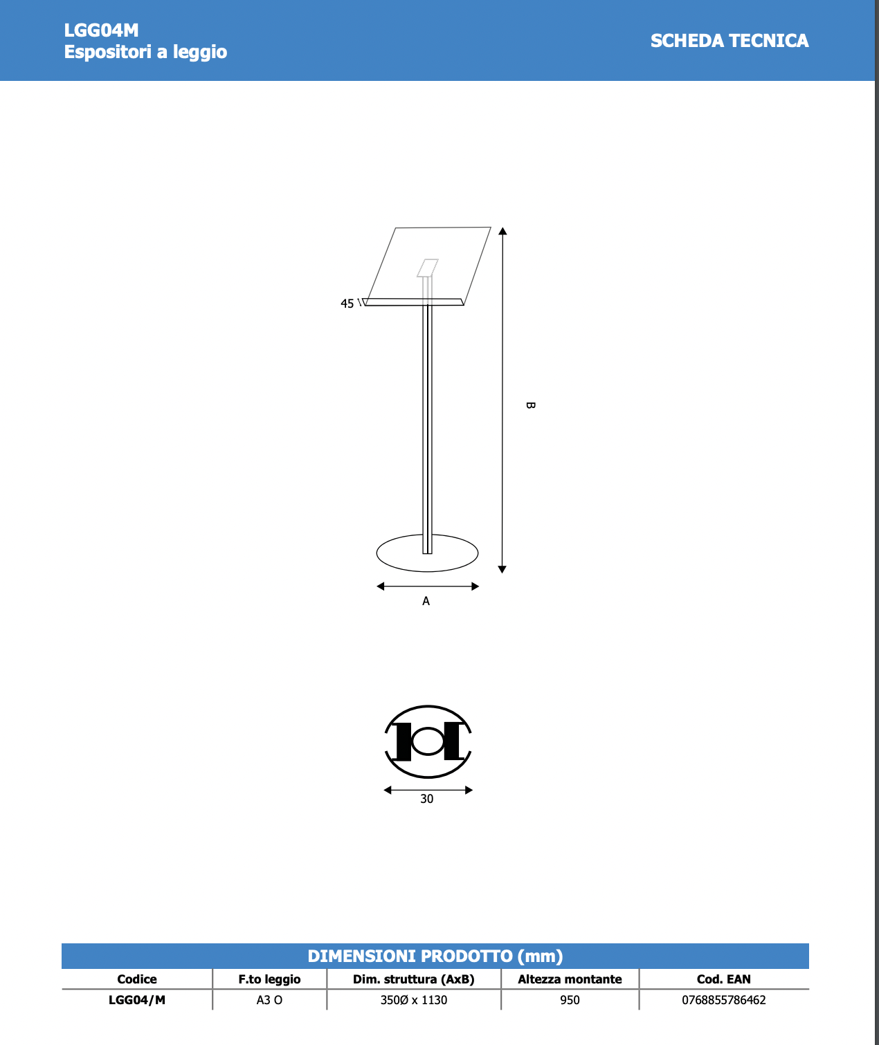 Leggio in metallo con portalibro A3