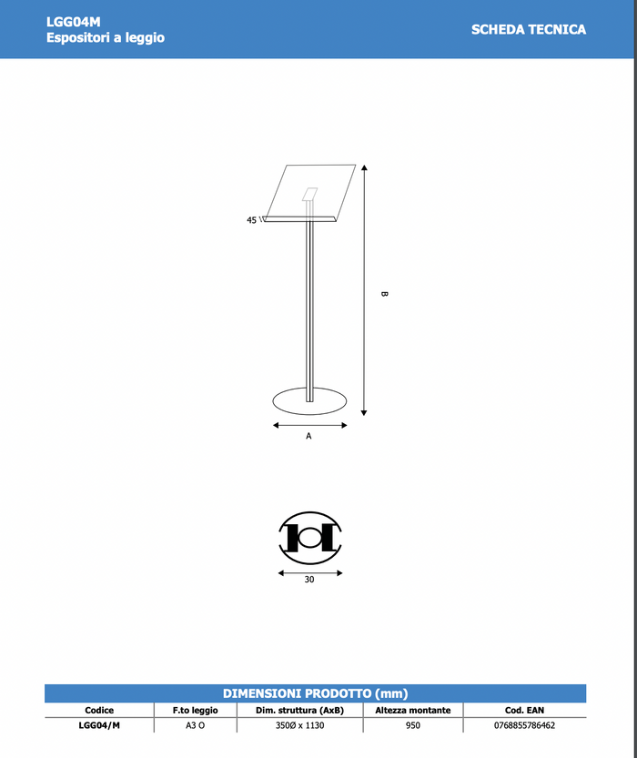 Leggio in metallo con portalibro A3