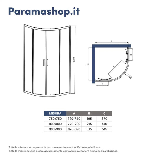 Box doccia 90x90cm semicircolare apertura scorrevole cristallo 6mm trasparente | Java