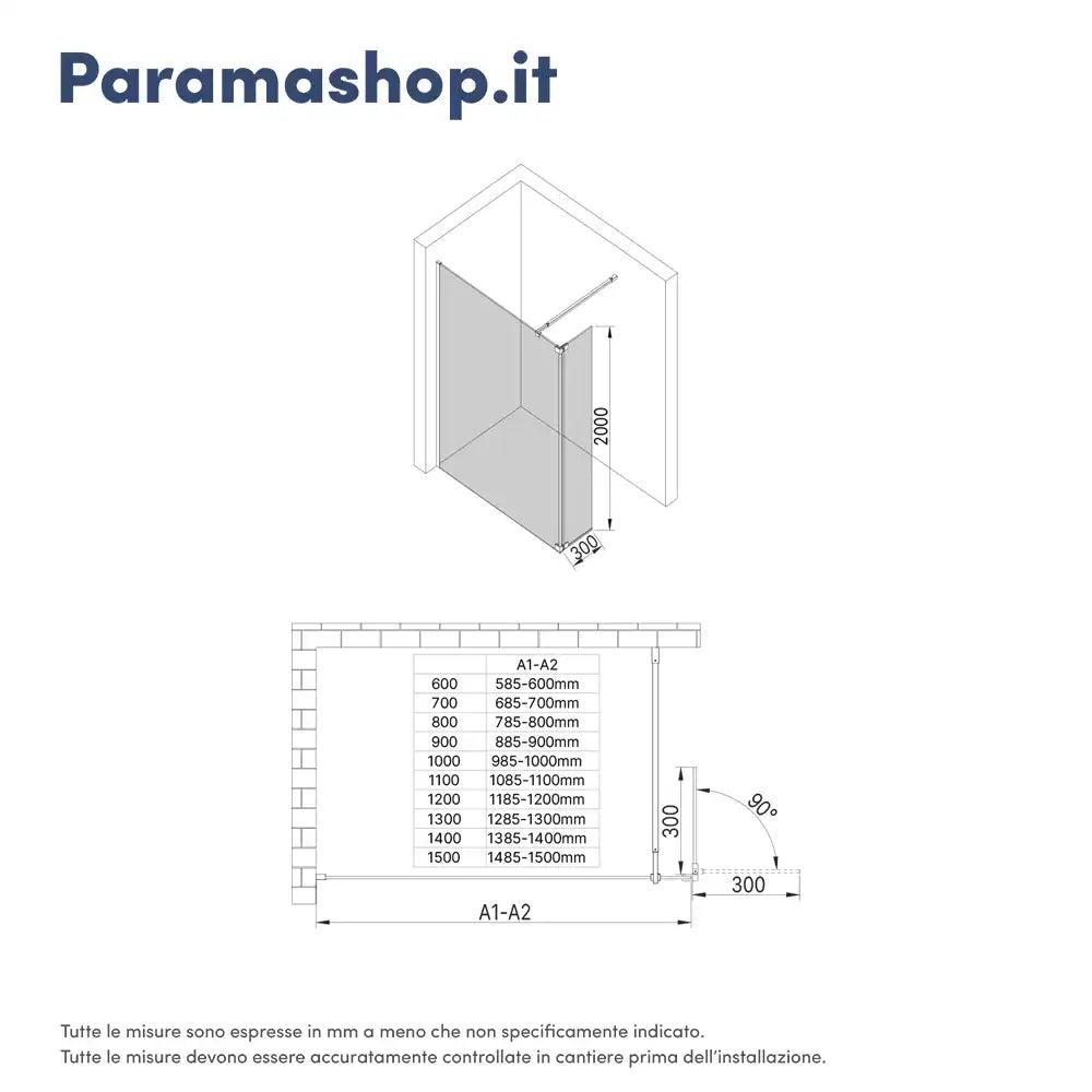 Doccia walk-in 70cm + anta 30cm vetro temperato anticalcare 10mm trasparente profili neri | Naxos