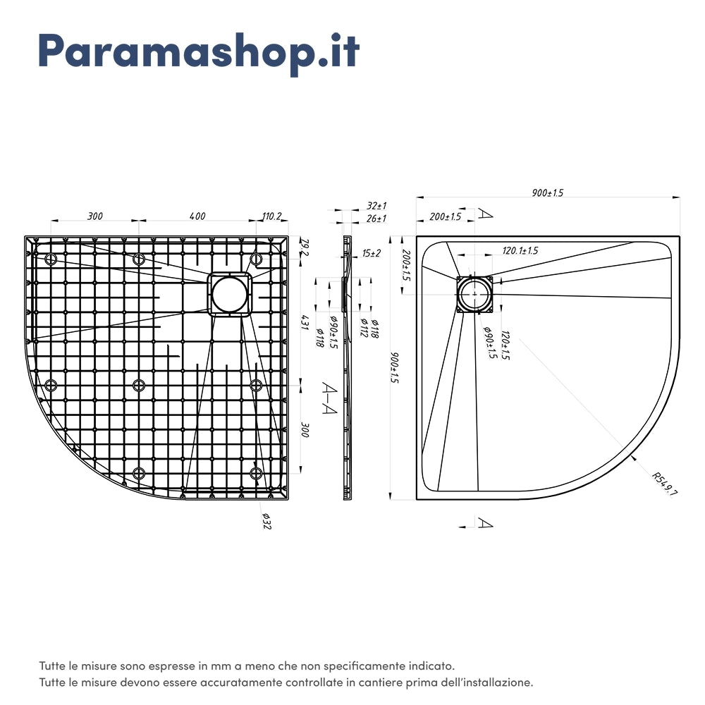 Piatto doccia 90x90 cm semicircolare colore marrone effetto pietra | Samos