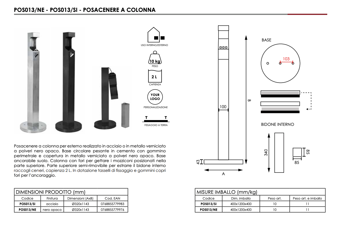 Posacenere a colonna da esterno Silver