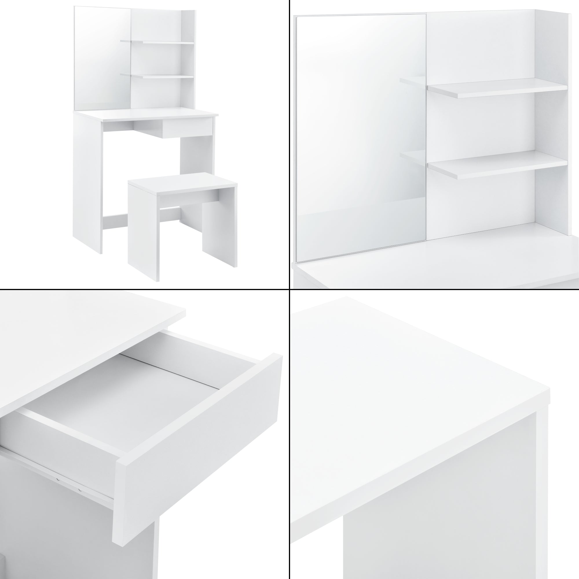 Set di Tavolo da Trucco e Sgabello con Specchio Mensole e Cassetto - Bianco [en.casa]