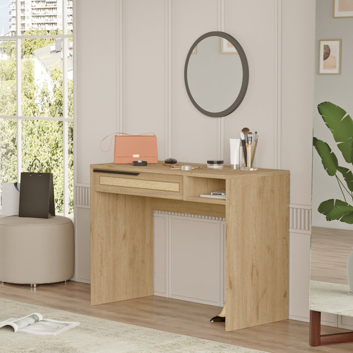 Tavolo da Trucco Kvænangen con Cassetto 100x45x75 cm Effetto Rovere / Rattan [en.casa]