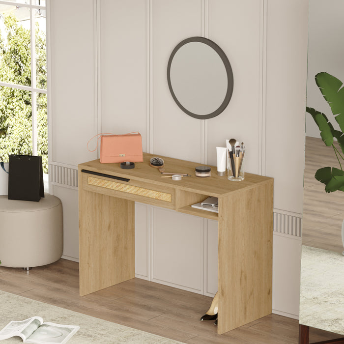 Tavolo da Trucco Kvænangen con Cassetto 100x45x75 cm Effetto Rovere / Rattan [en.casa]