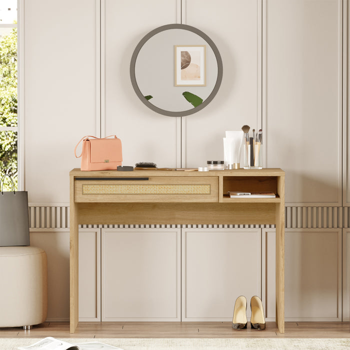 Tavolo da Trucco Kvænangen con Cassetto 100x45x75 cm Effetto Rovere / Rattan [en.casa]