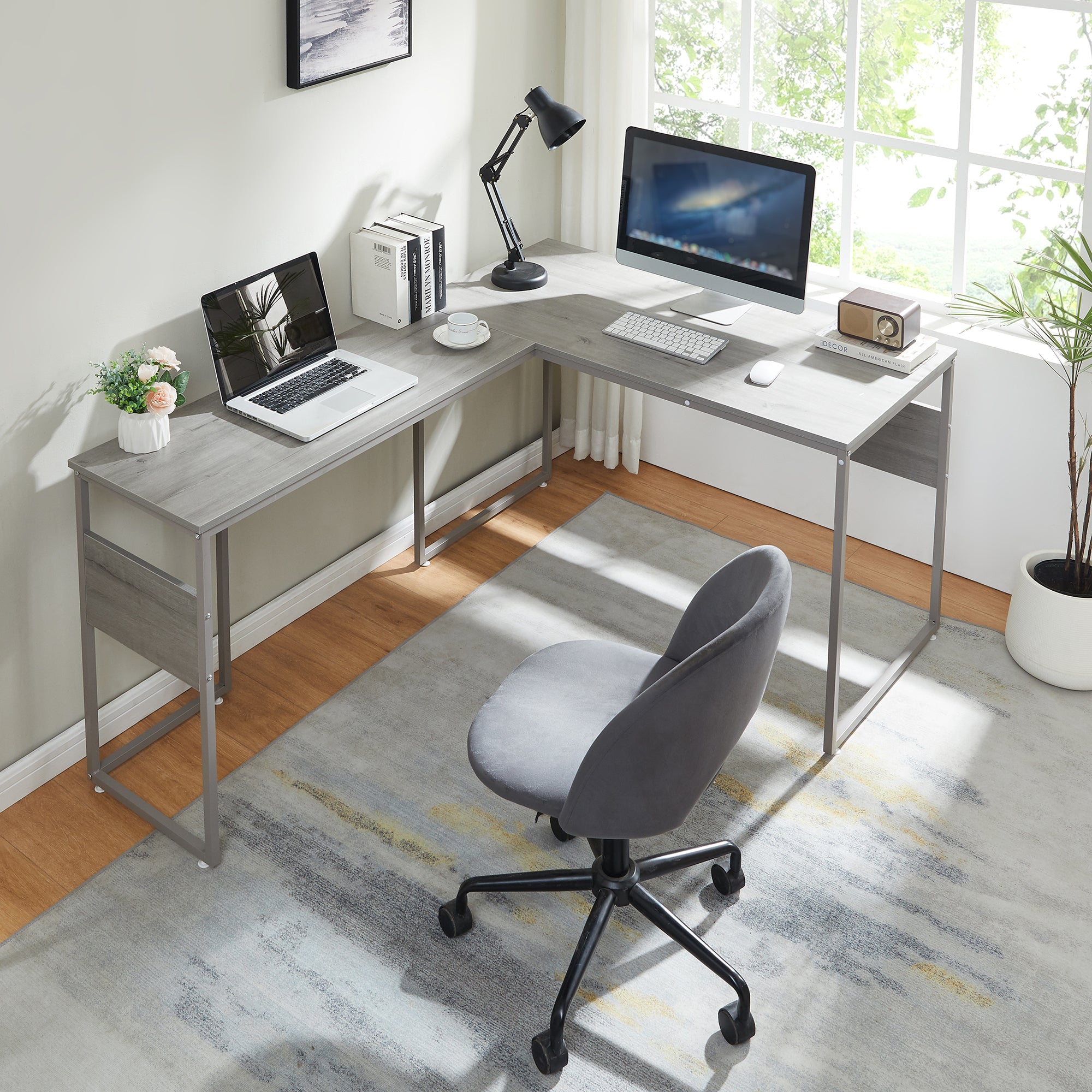 Scrivania Angolare Karlstang Tavolo PC a L 166 x 120 x 75 cm - Grigio Chiaro [en.casa]