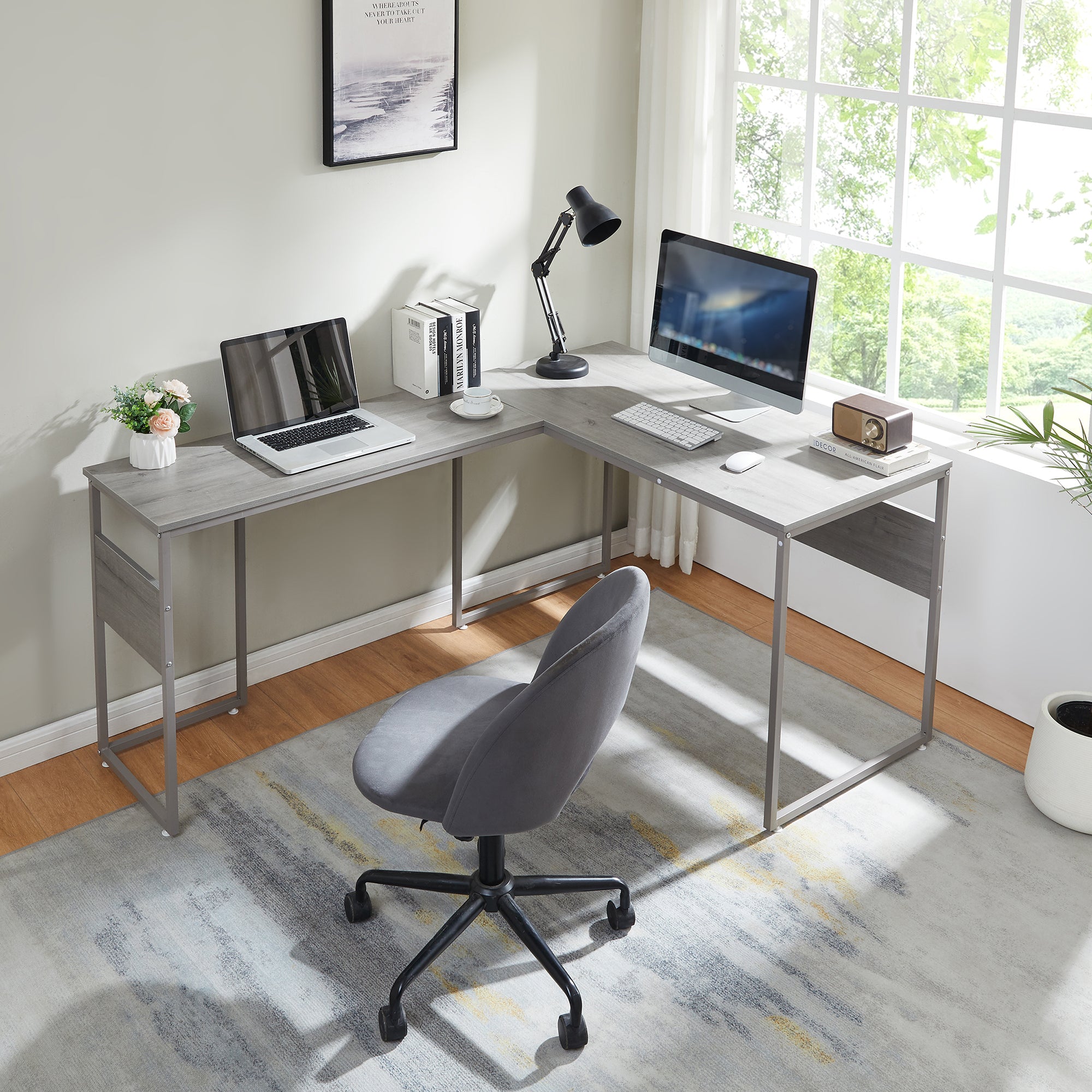 Scrivania Angolare Karlstang Tavolo PC a L 166 x 120 x 75 cm - Grigio Chiaro [en.casa]