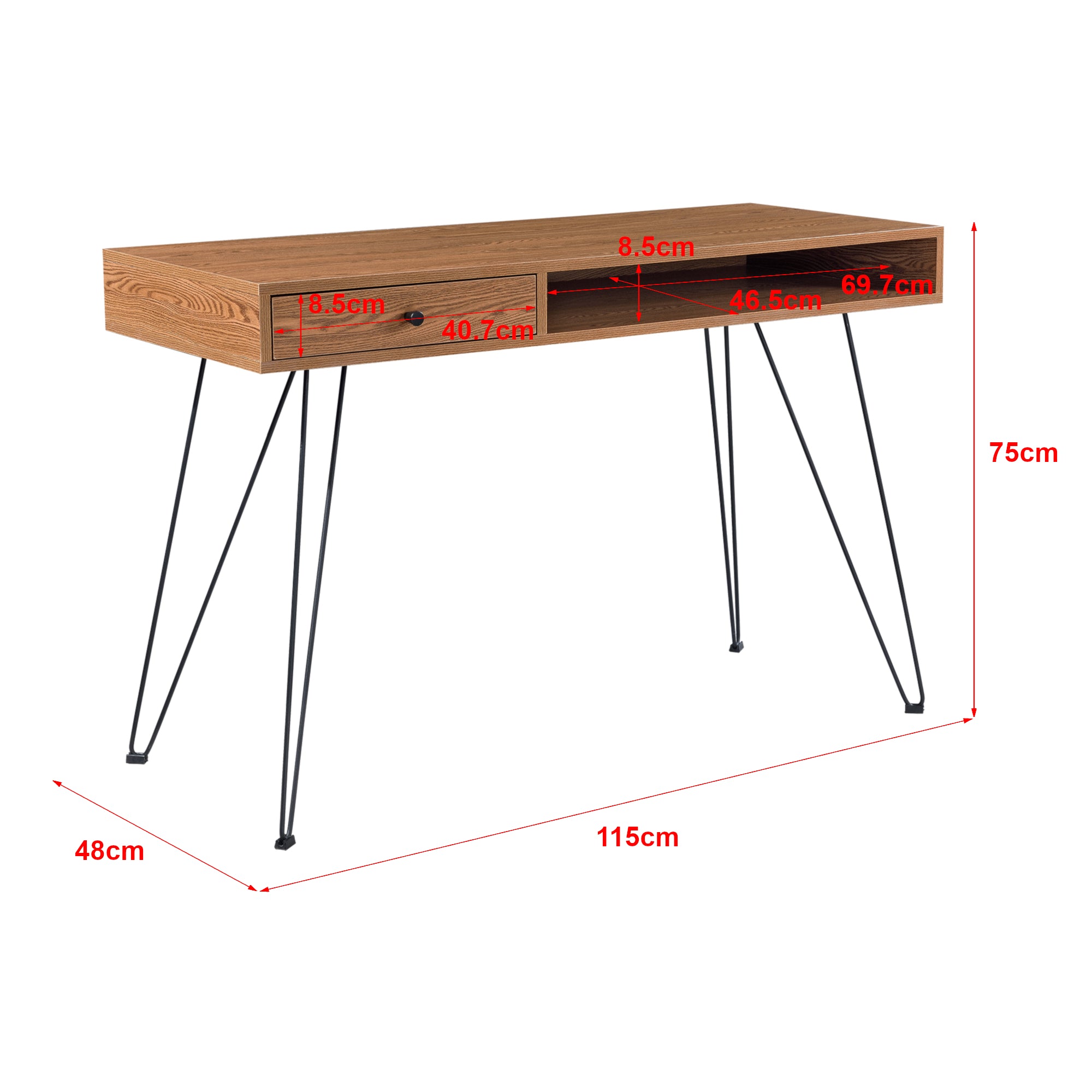 Scrivania 75x115x48 cm con Cassetto e Scomparto, Scrittoio su Gambe in Metallo, Tavolo da Computer per Ufficio/Casa,