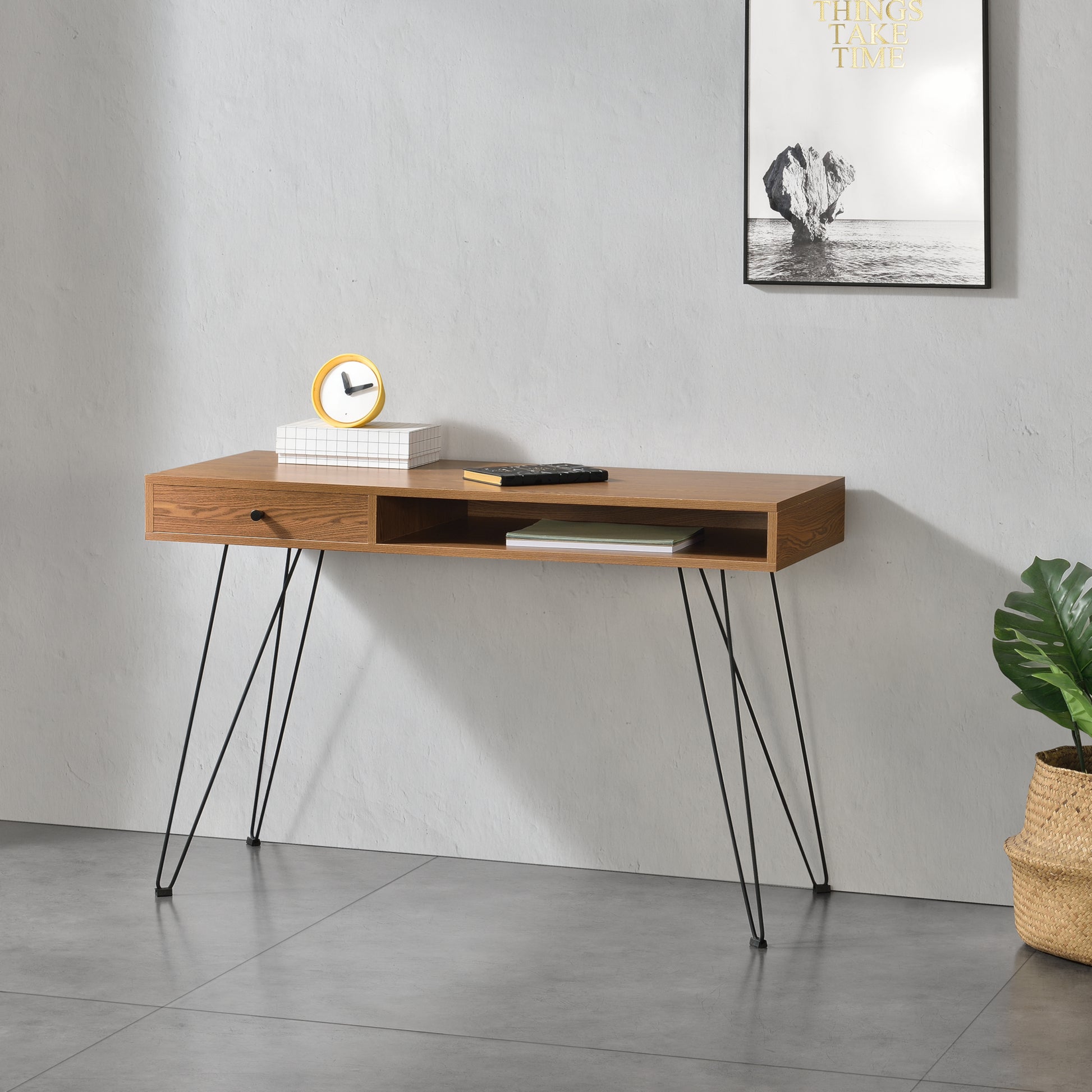 Scrivania 75x115x48 cm con Cassetto e Scomparto, Scrittoio su Gambe in Metallo, Tavolo da Computer per Ufficio/Casa,