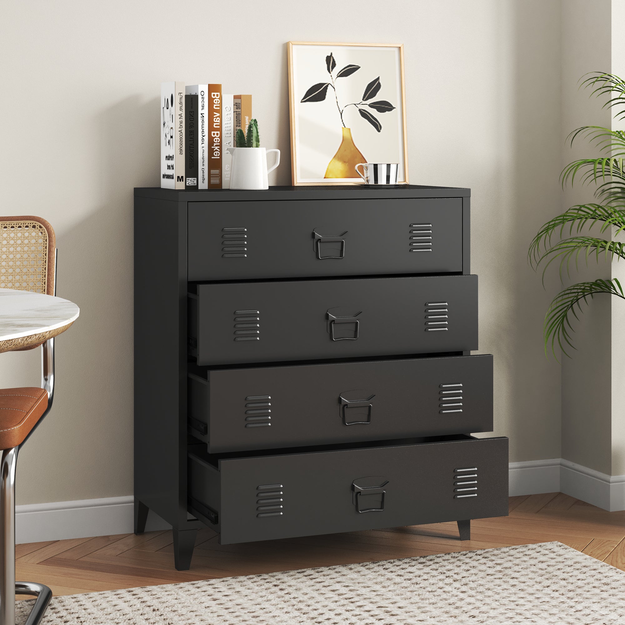 Cassettiera Hämeenlinna Comò in Acciaio con 4 Cassetti 92 x 80 x 40 cm Nero [en.casa]