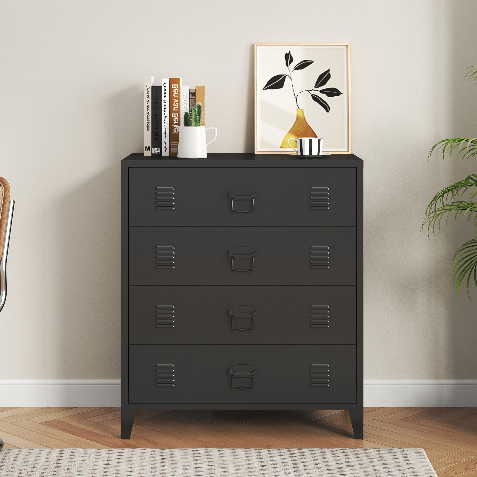 Cassettiera Hämeenlinna Comò in Acciaio con 4 Cassetti 92 x 80 x 40 cm Nero [en.casa]