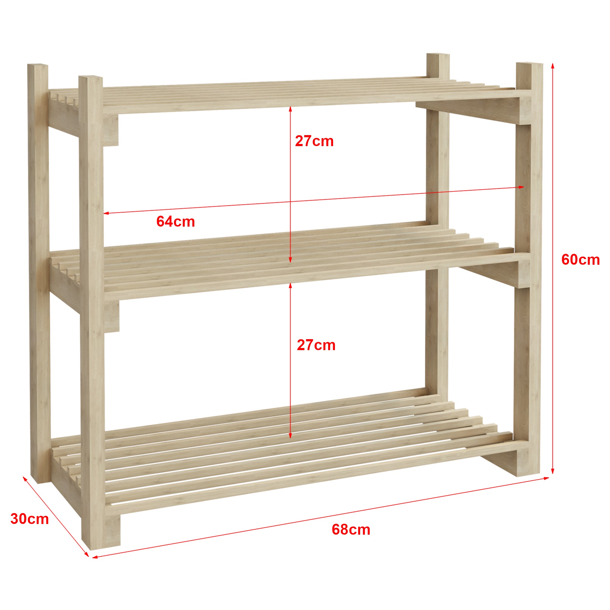Scaffale Portascarpe 'Them' (AxLxP) 60 x 68 x 30 cm Scarpiera a 3 Ripiani Superfici a Doghe Scaffale Aperta in Legno di