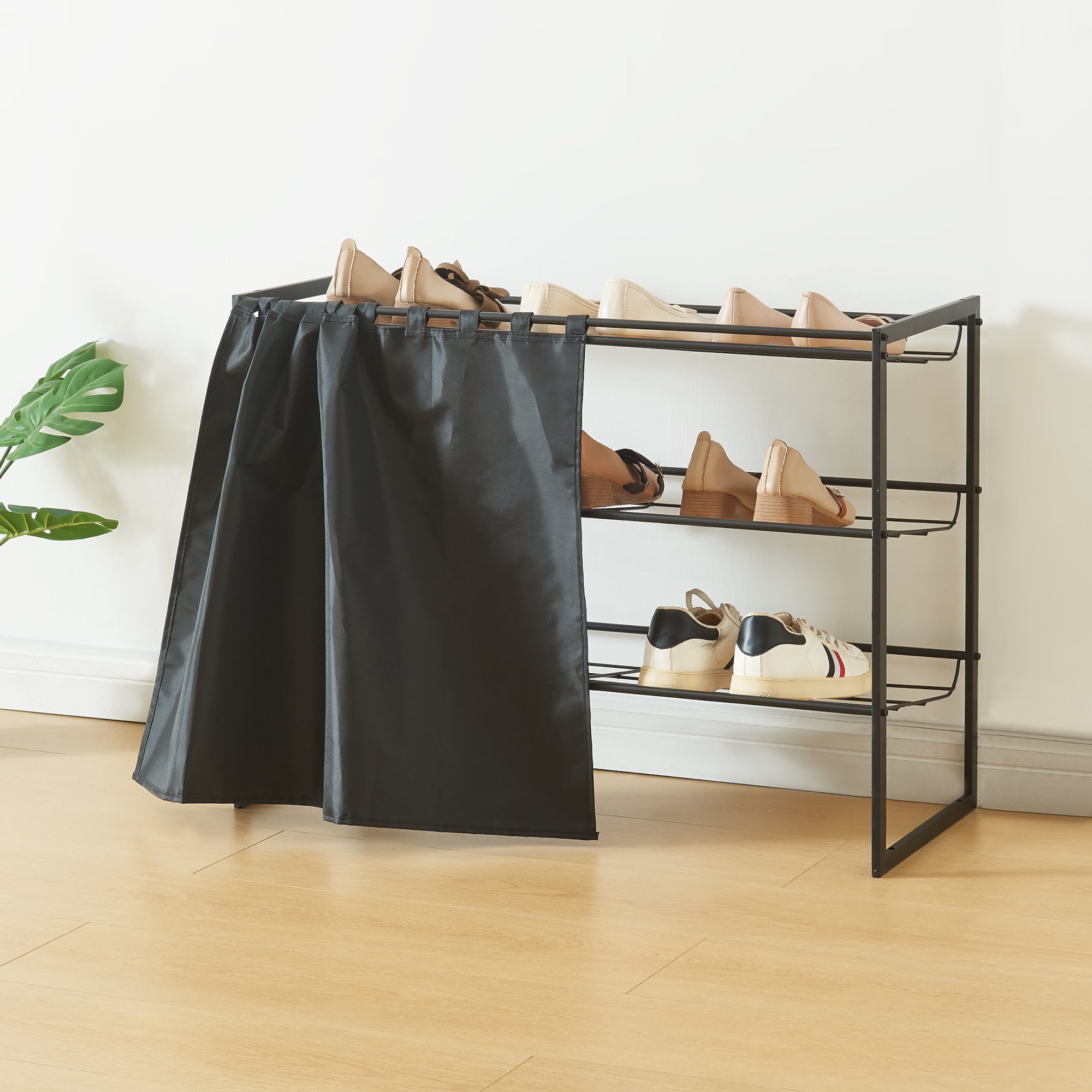 Scaffale Portascarpe Sel Scarpiera in Metallo con Tendina - Nero [en.casa]
