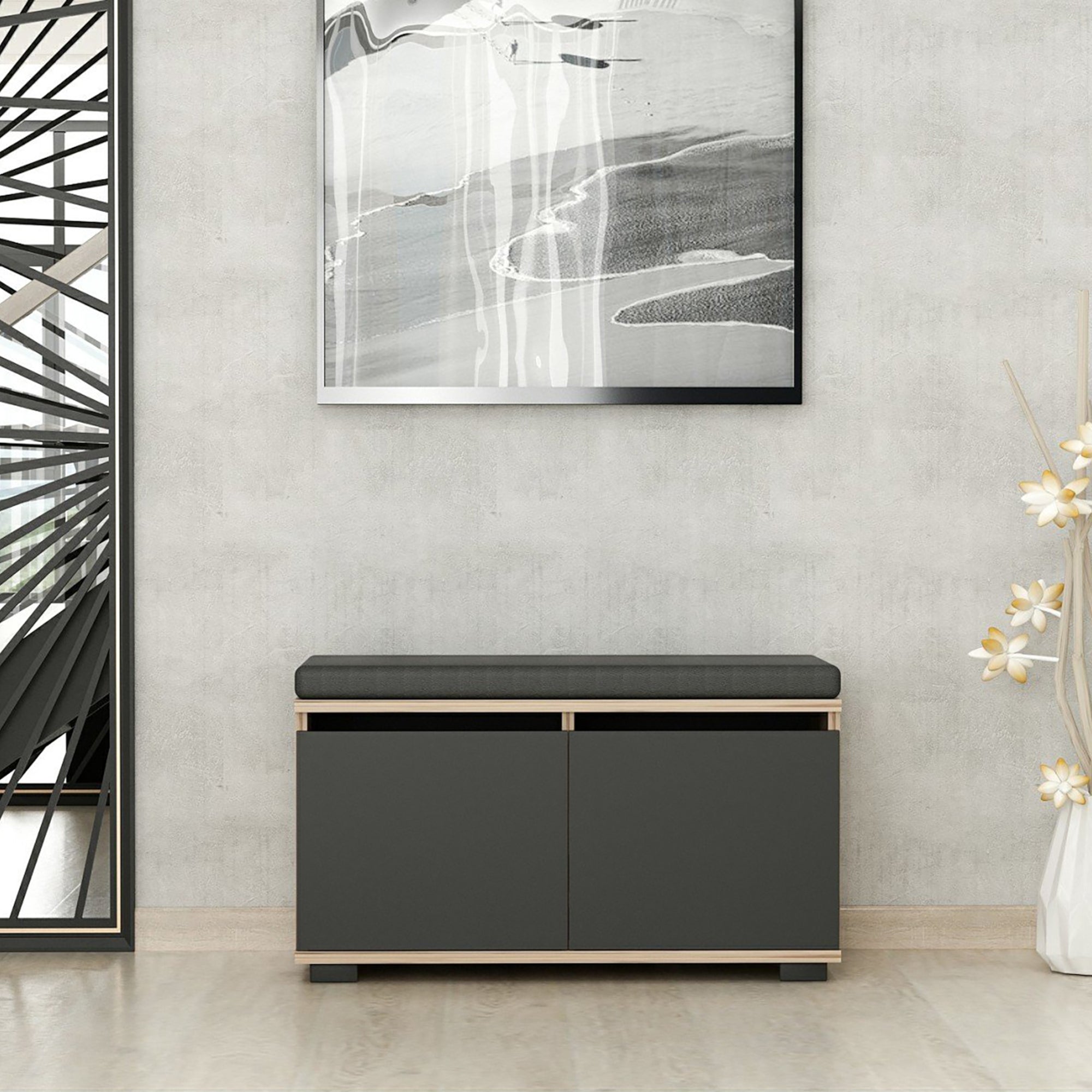 Panchina Portascarpe 'Brande' Scarpiera con 2 Ante a Ribalta e Seduta Imbottita - Effetto Rovere / Nero [en.casa]