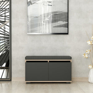 Panchina Portascarpe 'Brande' Scarpiera con 2 Ante a Ribalta e Seduta Imbottita - Effetto Rovere / Nero [en.casa]