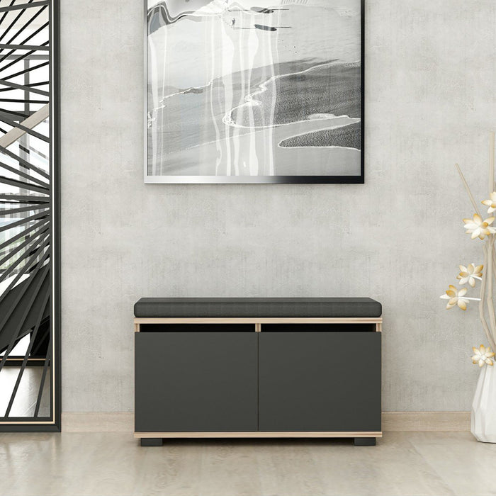 Panchina Portascarpe 'Brande' Scarpiera con 2 Ante a Ribalta e Seduta Imbottita - Effetto Rovere / Nero [en.casa]