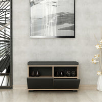 Panchina Portascarpe 'Brande' Scarpiera con 2 Ante a Ribalta e Seduta Imbottita - Effetto Rovere / Nero [en.casa]