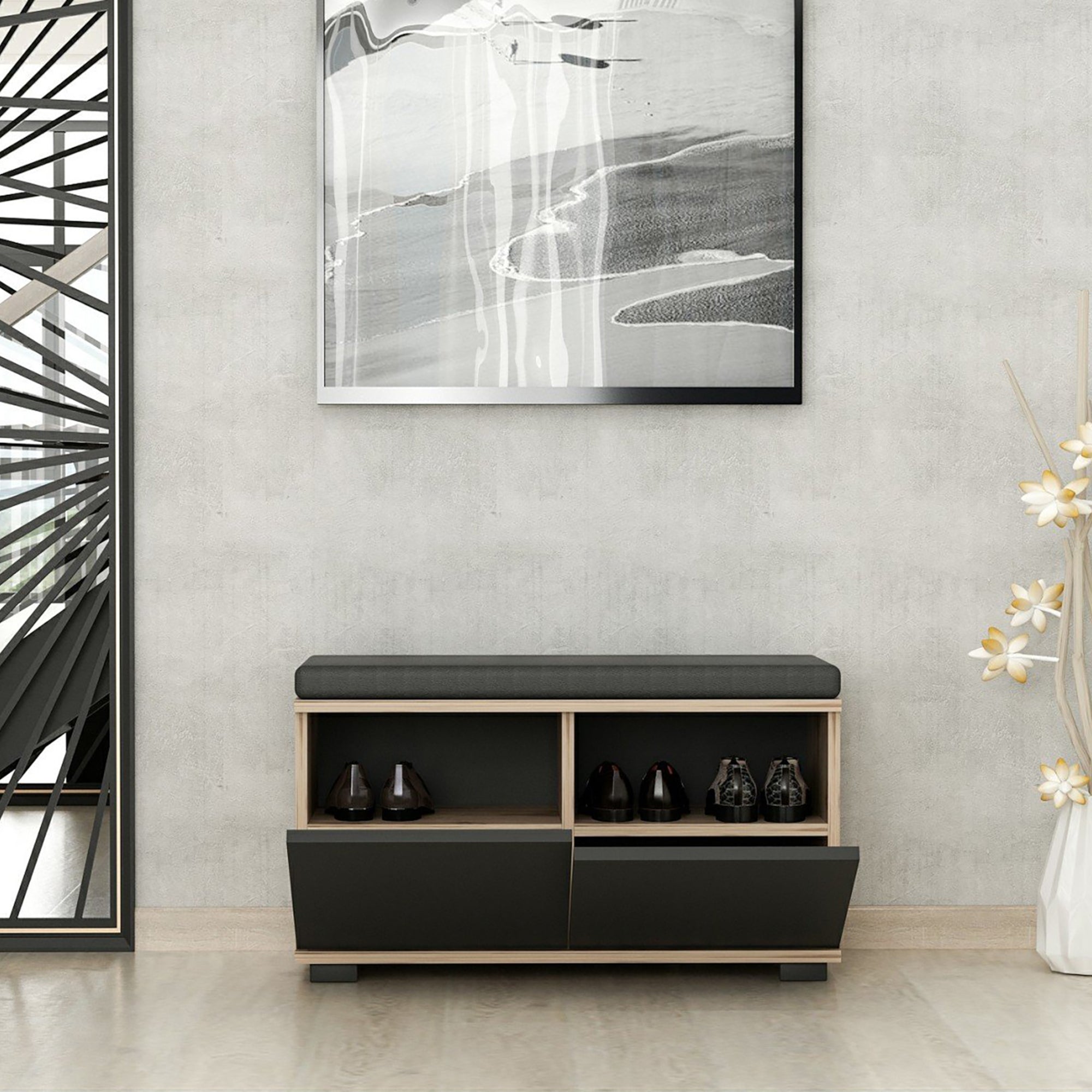 Panchina Portascarpe 'Brande' Scarpiera con 2 Ante a Ribalta e Seduta Imbottita - Effetto Rovere / Nero [en.casa]