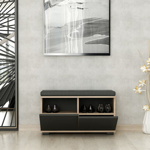 Panchina Portascarpe 'Brande' Scarpiera con 2 Ante a Ribalta e Seduta Imbottita - Effetto Rovere / Nero [en.casa]