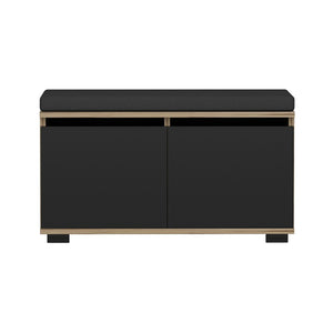 Panchina Portascarpe 'Brande' Scarpiera con 2 Ante a Ribalta e Seduta Imbottita - Effetto Rovere / Nero [en.casa]