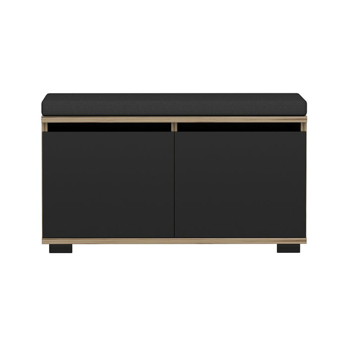 Panchina Portascarpe 'Brande' Scarpiera con 2 Ante a Ribalta e Seduta Imbottita - Effetto Rovere / Nero [en.casa]