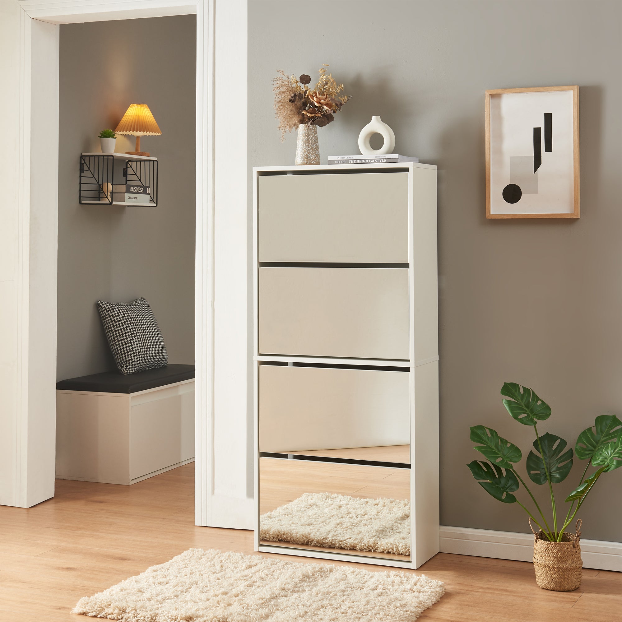 Scarpiera Stretta Lund con Ante a Specchio e 4 Contenitori Ribaltabili - Bianco [en.casa]