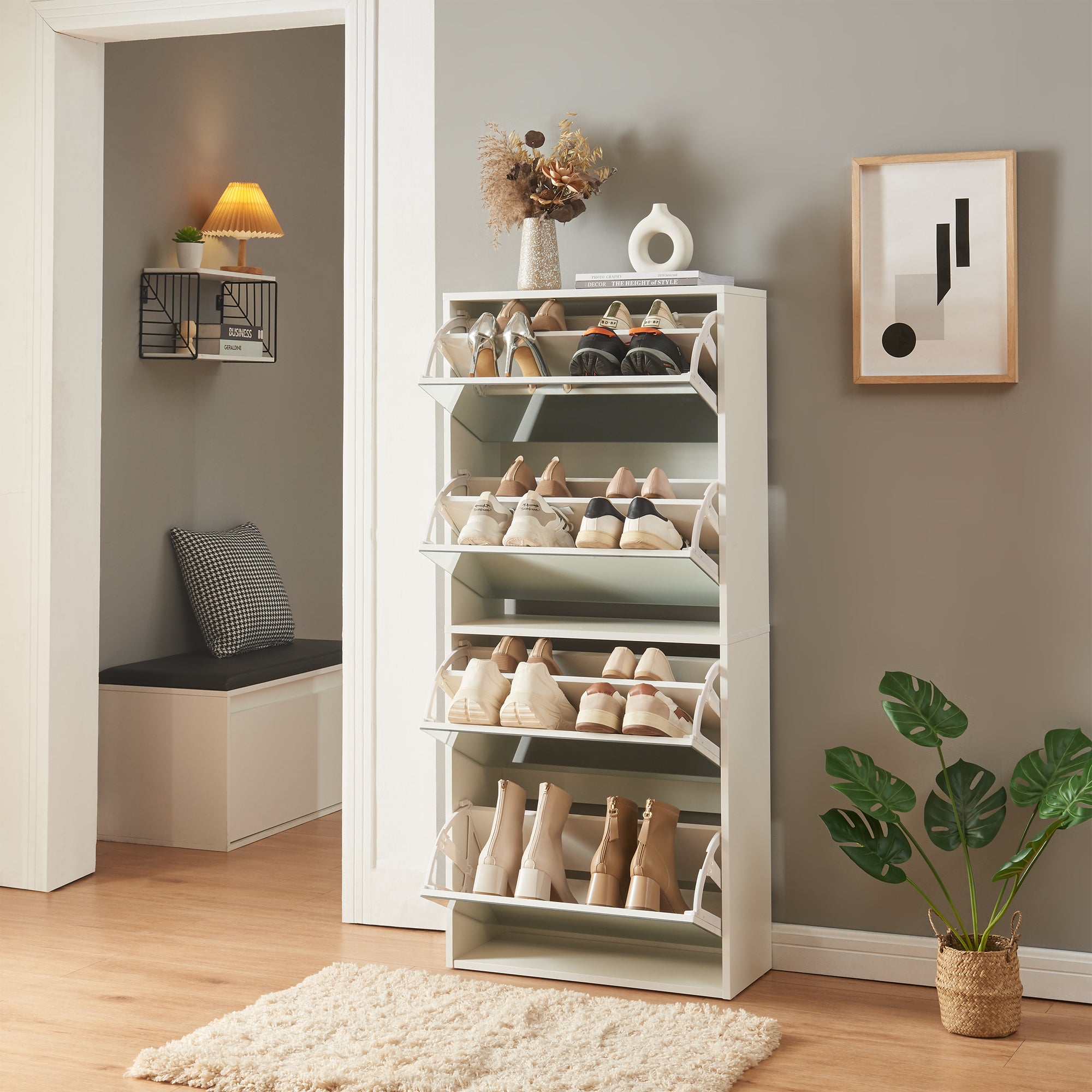 Scarpiera Stretta Lund con Ante a Specchio e 4 Contenitori Ribaltabili - Bianco [en.casa]