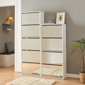 Scarpiera Stretta Lund con Ante a Specchio e 4 Contenitori Ribaltabili - Bianco [en.casa]