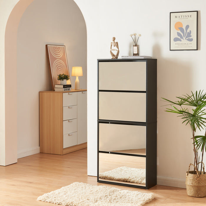 Scarpiera Stretta Lund con Ante a Specchio e 4 Contenitori Ribaltabili - Nero [en.casa]