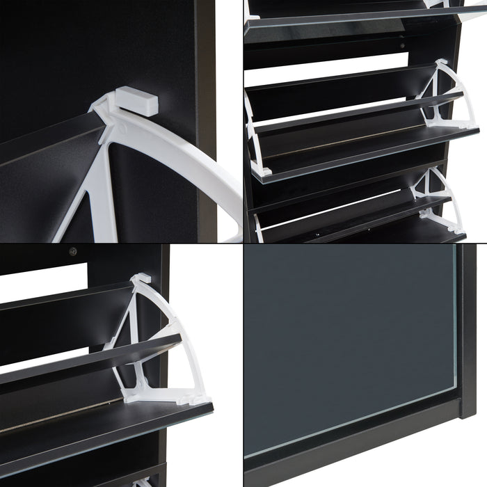 Scarpiera Stretta Lund con Ante a Specchio e 4 Contenitori Ribaltabili - Nero [en.casa]