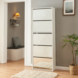 Scarpiera Stretta Lund con Ante a Specchio e 5 Contenitori Ribaltabili - Bianco [en.casa]