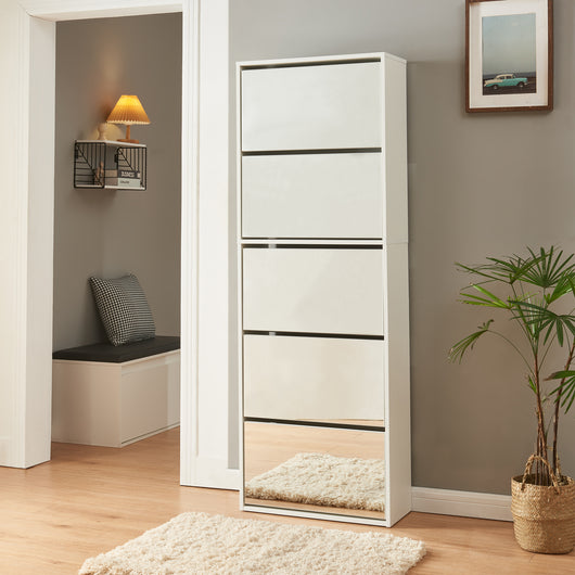 Scarpiera Stretta Lund con Ante a Specchio e 5 Contenitori Ribaltabili - Bianco [en.casa]