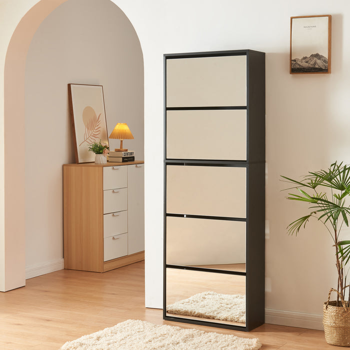 Scarpiera Stretta Lund con Ante a Specchio e 5 Contenitori Ribaltabili - Nero [en.casa]