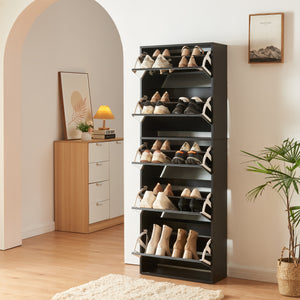 Scarpiera Stretta Lund con Ante a Specchio e 5 Contenitori Ribaltabili - Nero [en.casa]