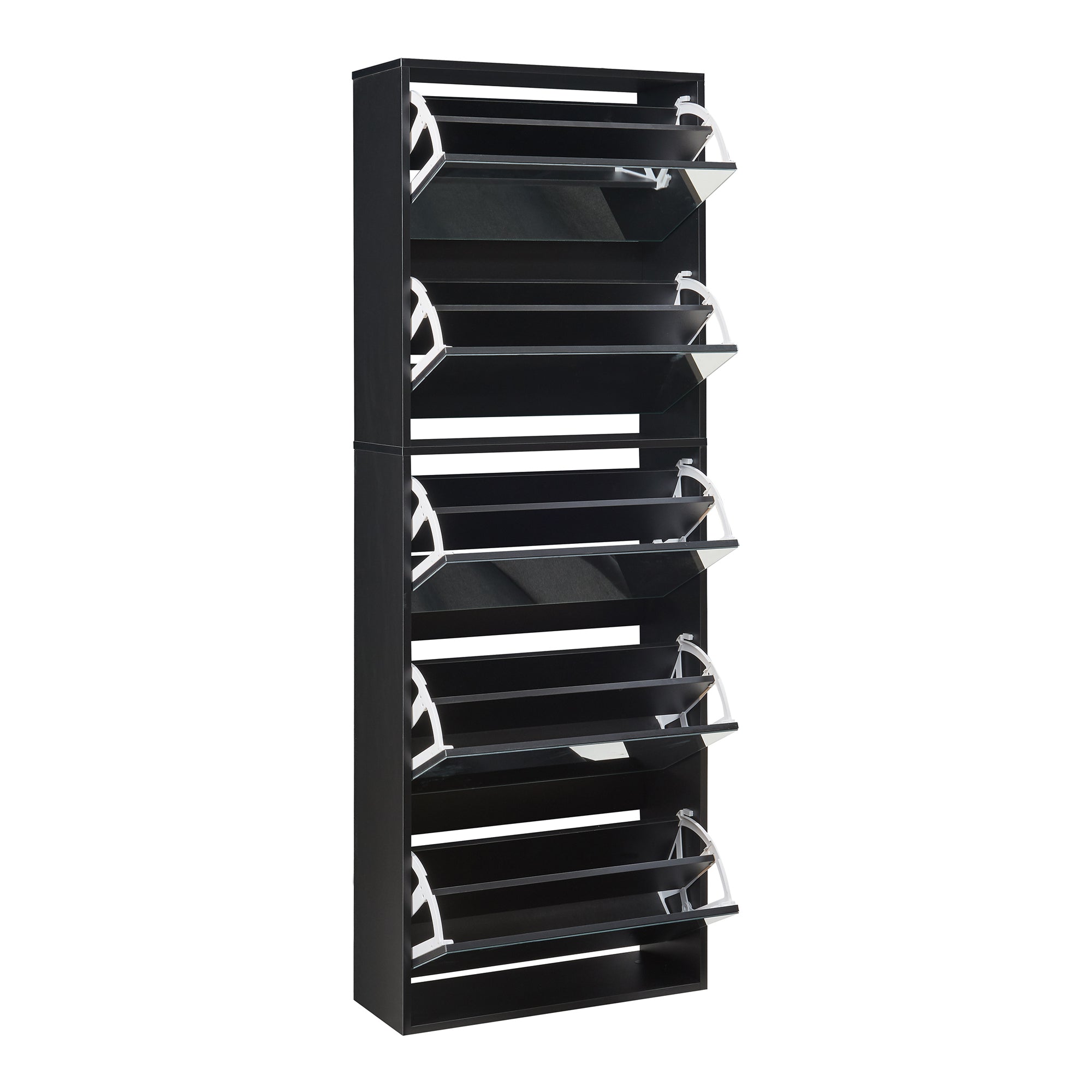 Scarpiera Stretta Lund con Ante a Specchio e 5 Contenitori Ribaltabili - Nero [en.casa]